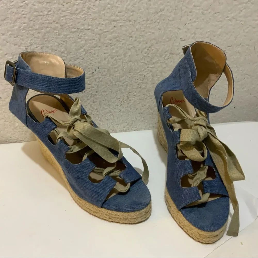 Castaner Leather lace up Denim lookโplatform Wedge Espadrille Sandals 39